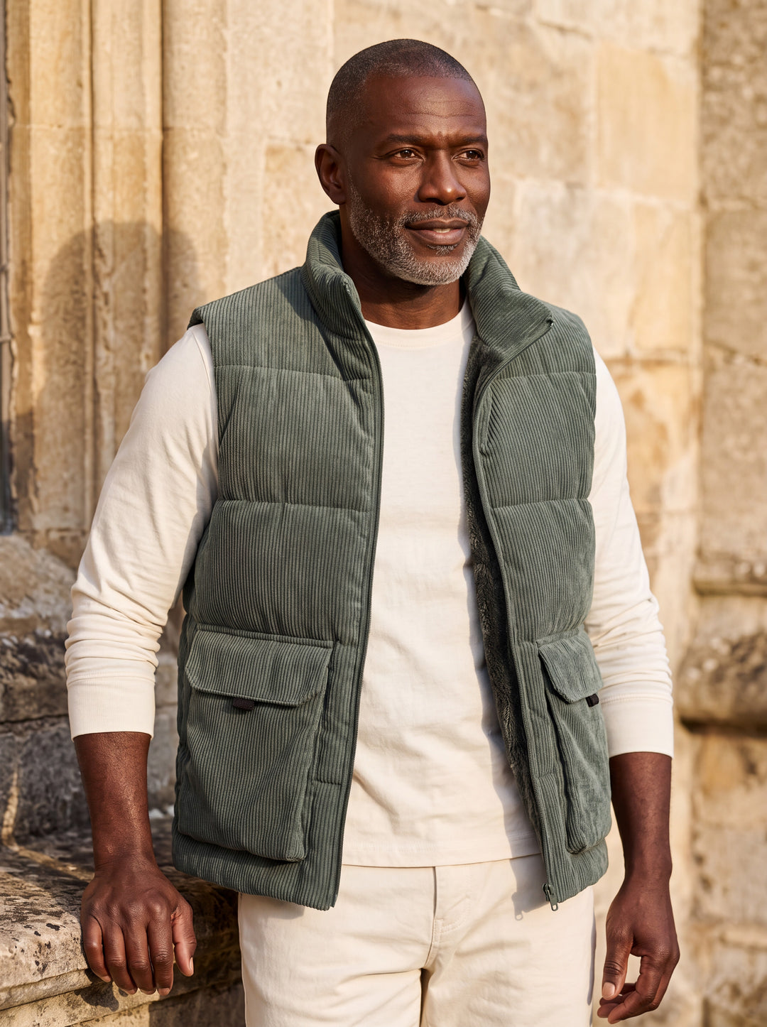 Noble vest in Green, worn by a model in a Mediterranean setting - Gentlemens Manor lifestyle