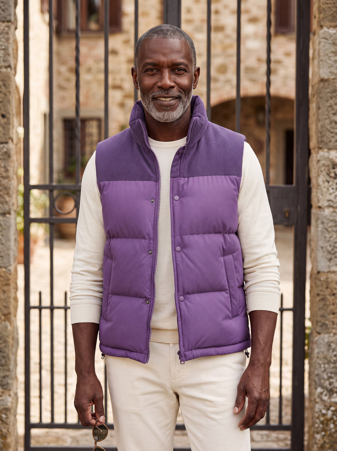 Norbert vest in Purple, worn by a model in a Mediterranean setting - Gentlemens Manor lifestyle