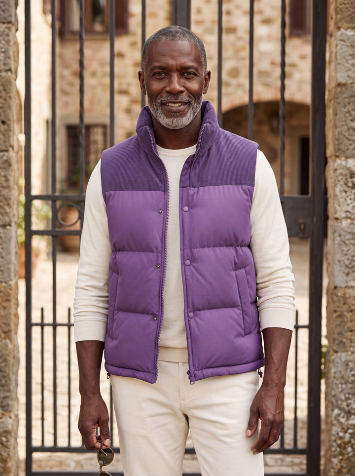 Norbert vest in Purple, worn by a model in a Mediterranean setting - Gentlemens Manor lifestyle