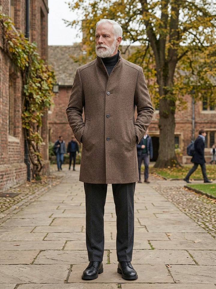 Norcross overcoat in Brown, lifestyle in a brick college courtyard, Gentlemens Manor