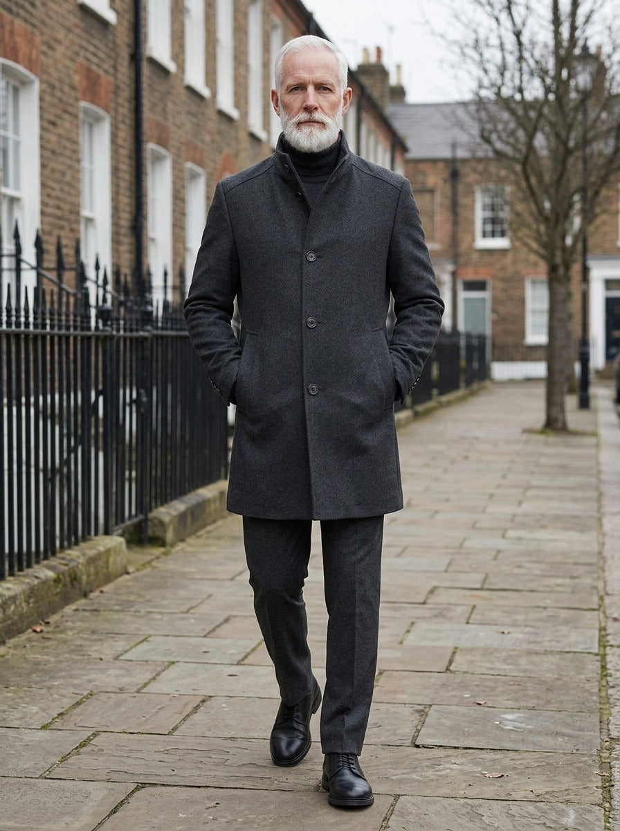 Norcross overcoat in Charcoal, lifestyle on a street of brick row houses, Gentlemens Manor