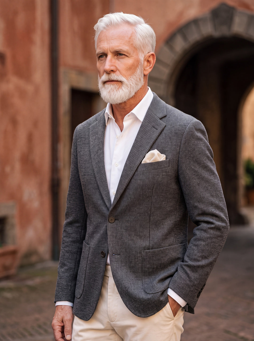 Norman blazer in Grey, worn by a model in a Mediterranean setting - Gentlemens Manor lifestyle