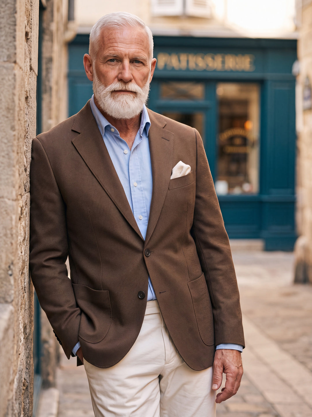 Norris blazer in Brown, worn by a model in a Mediterranean setting - Gentlemens Manor lifestyle