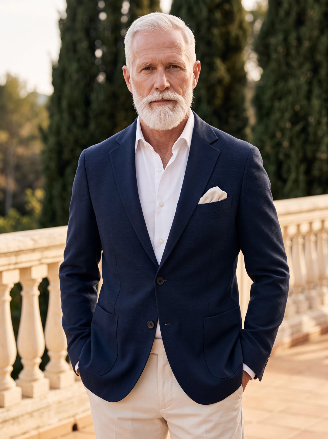 Norris blazer in Navy, worn by a model in a Mediterranean setting - Gentlemens Manor lifestyle
