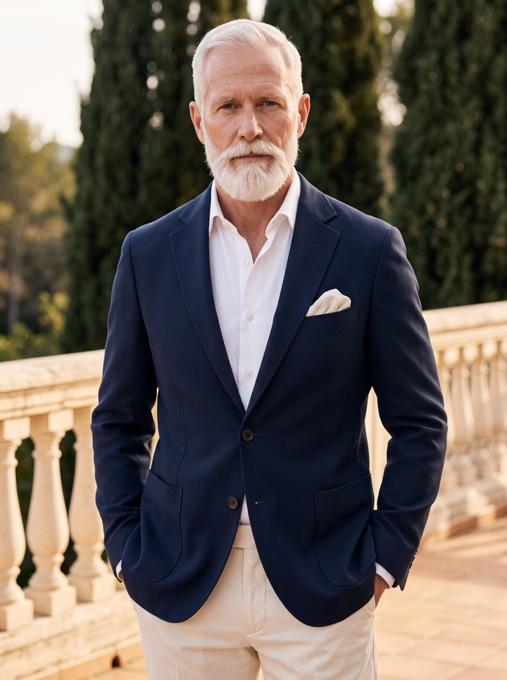 Norris blazer in Navy, worn by a model in a Mediterranean setting - Gentlemens Manor lifestyle