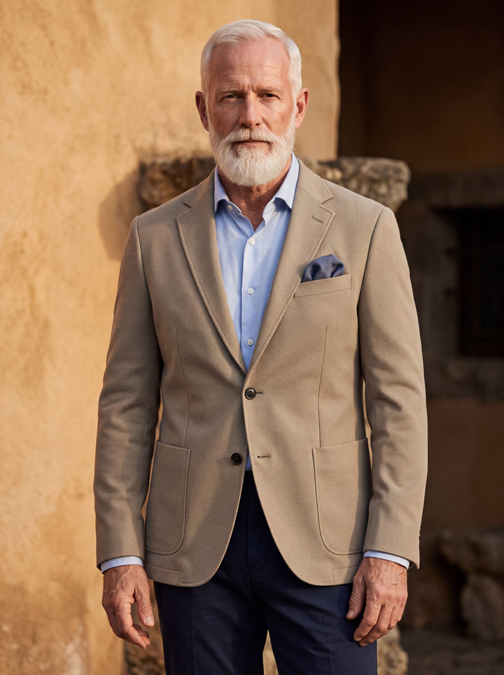 Norris blazer in Sand, worn by a model in a Mediterranean setting - Gentlemens Manor lifestyle