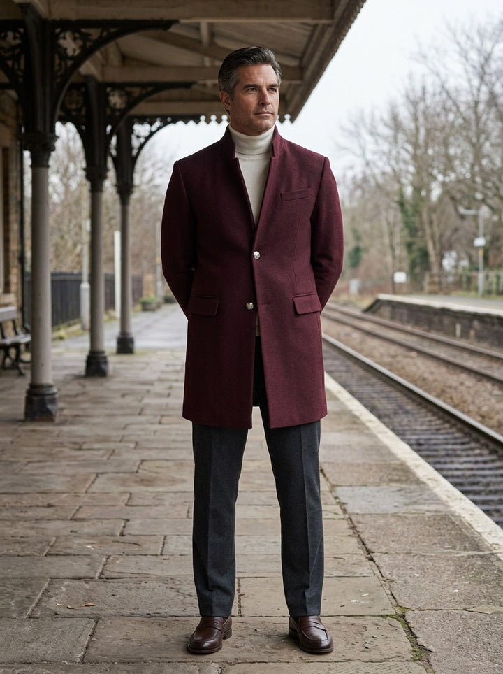 Northam coat in Burgundy, lifestyle on a railway platform, Gentlemens Manor