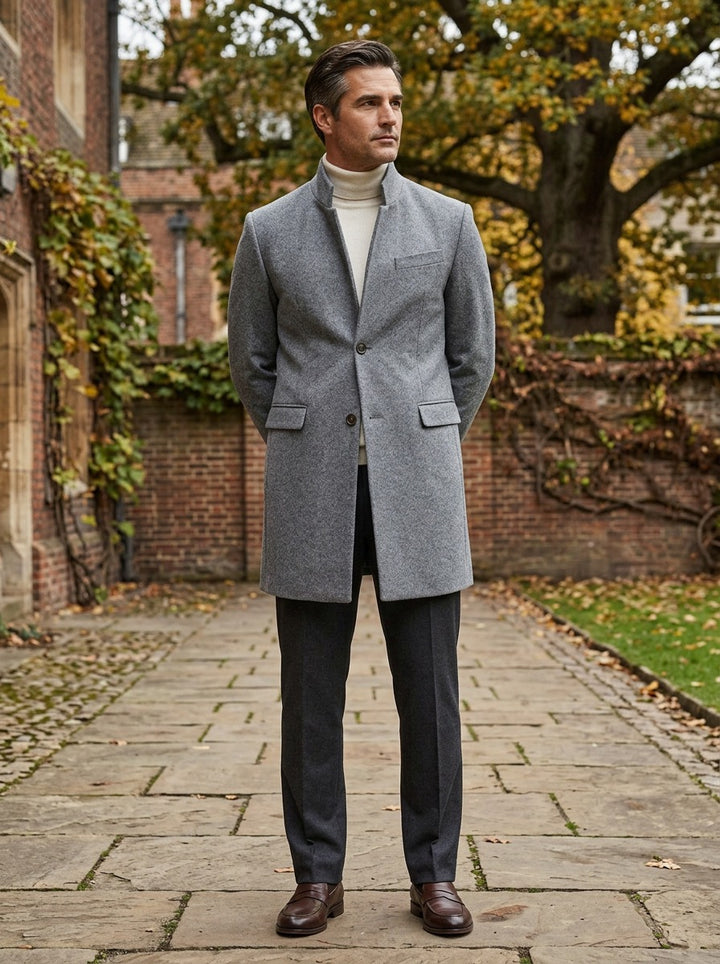 Northam coat in Grey, lifestyle in a brick college courtyard, Gentlemens Manor