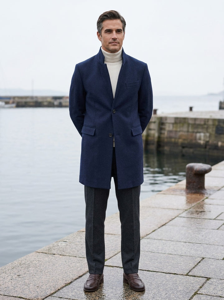 Northam coat in Navy, lifestyle on a stone harbor quay, Gentlemens Manor