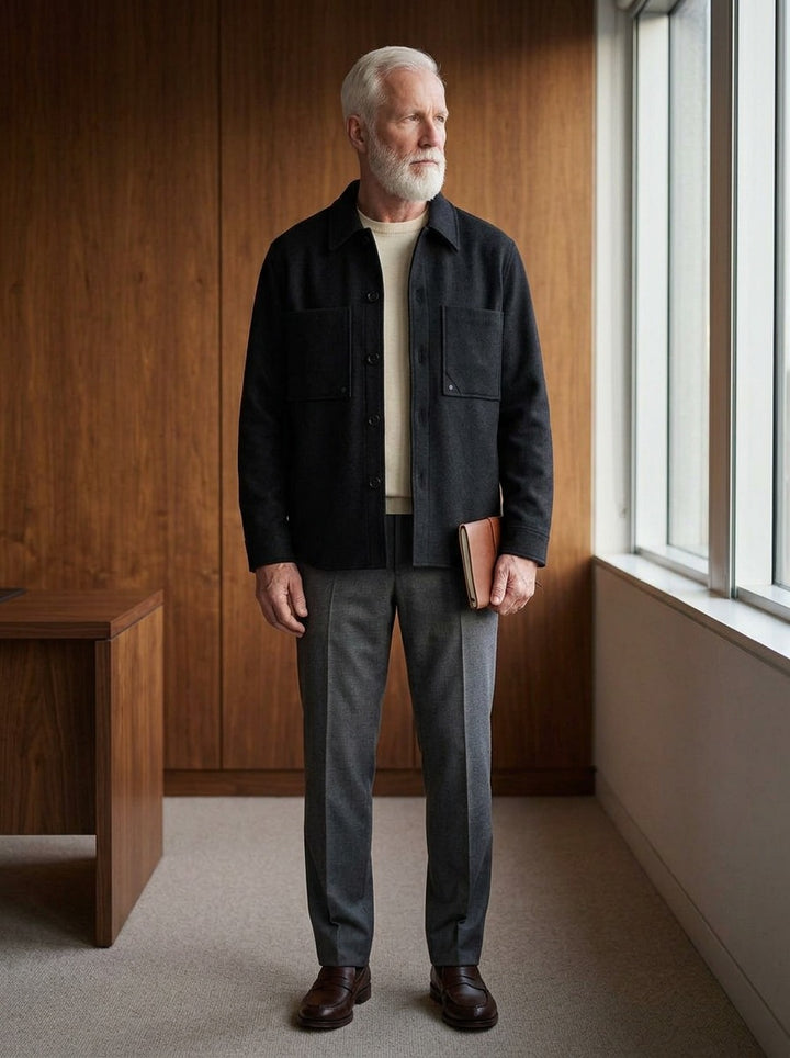 Northcott wool blend shirt jacket in Black, lifestyle in a timber paneled office, Gentlemens Manor