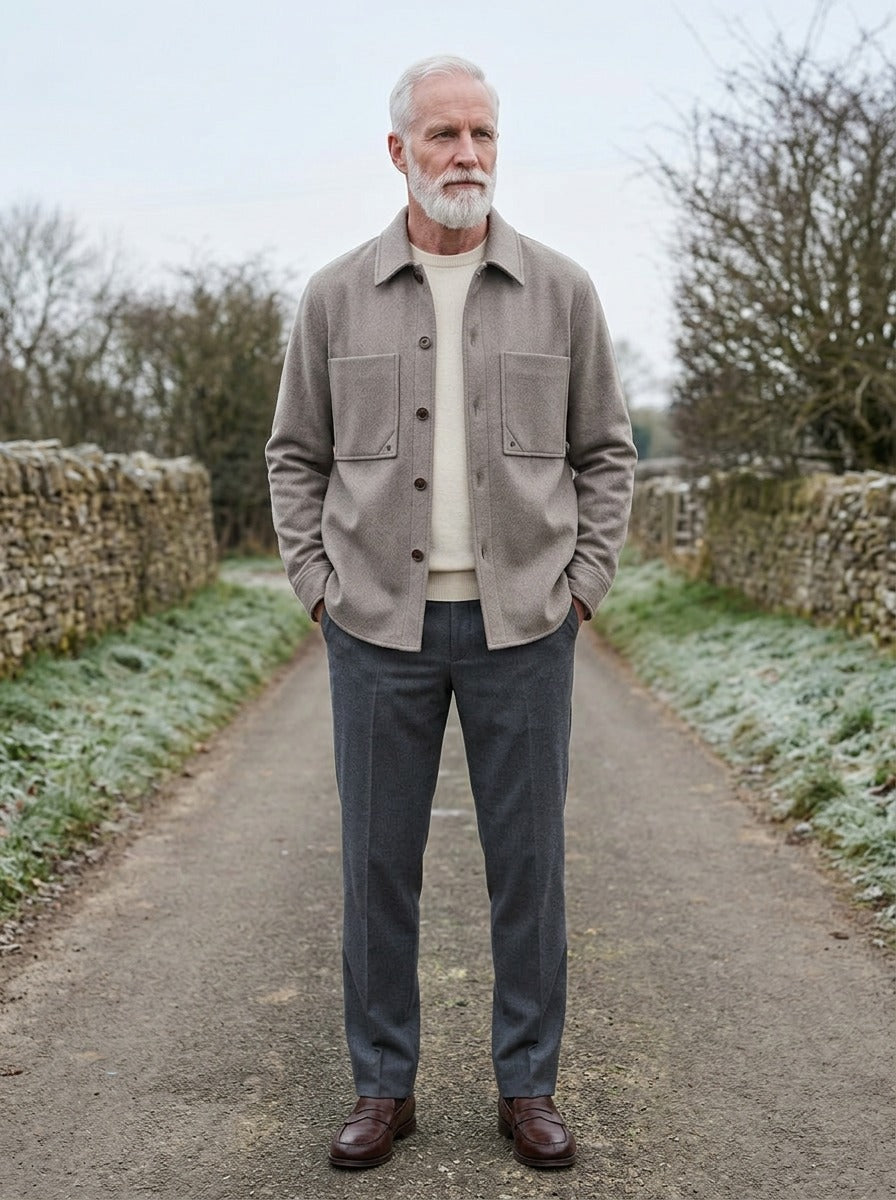 Northcott wool blend shirt jacket in Taupe, lifestyle on a country lane, Gentlemens Manor