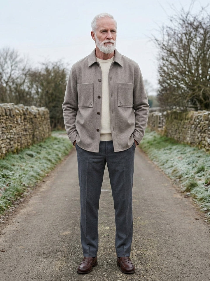 Northcott wool blend shirt jacket in Taupe, lifestyle on a country lane, Gentlemens Manor