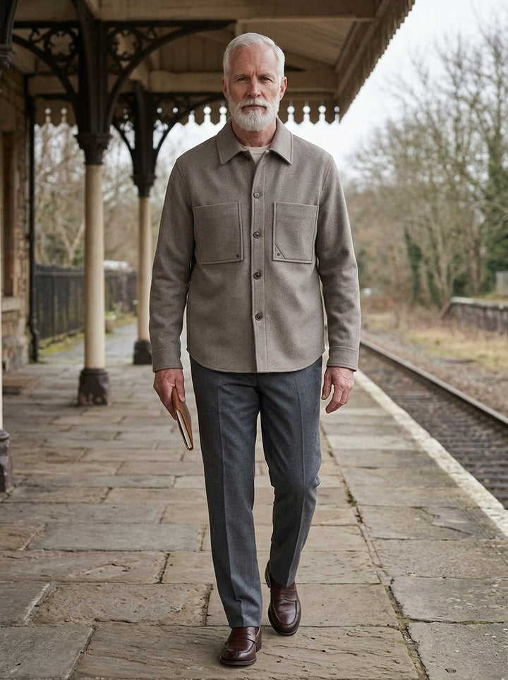 Northcott wool blend shirt jacket in Taupe, lifestyle on a railway platform, Gentlemens Manor