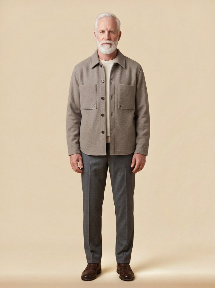 Northcott wool blend shirt jacket in Taupe, studio, Gentlemens Manor