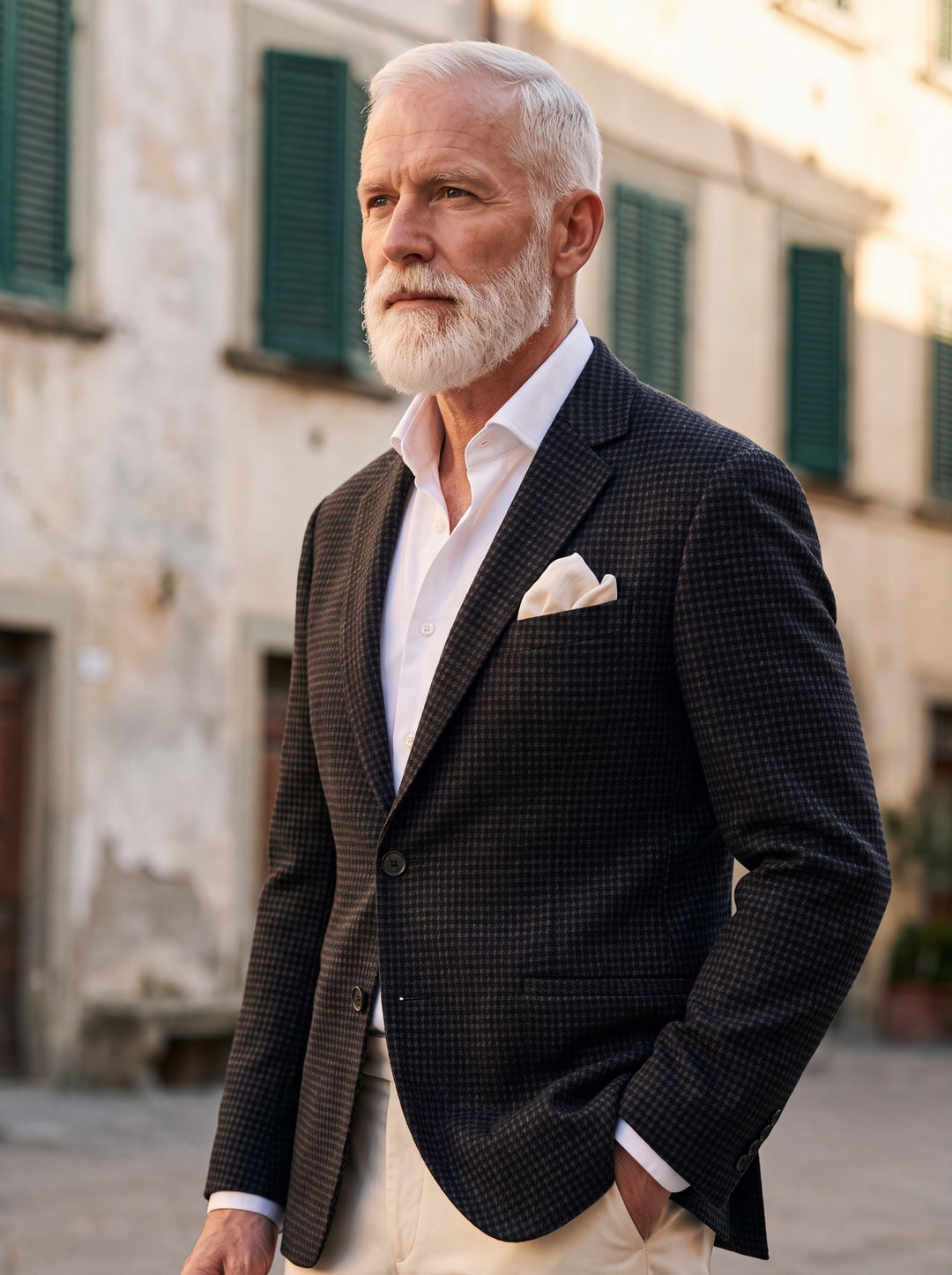 Norwood blazer in Black, worn by a model in a Mediterranean setting - Gentlemens Manor lifestyle