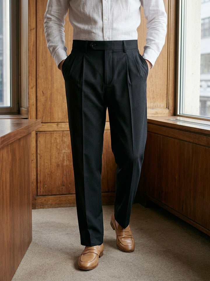 Oakes pleated trousers in Black, lifestyle in a timber paneled office, Gentlemens Manor