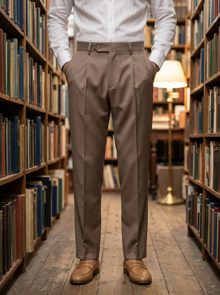 Oakes pleated trousers in Brown, lifestyle in a secondhand bookshop, Gentlemens Manor