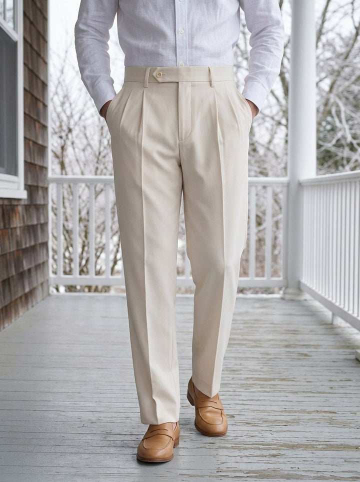 Oakes pleated trousers in Cream, lifestyle on a covered porch, Gentlemens Manor
