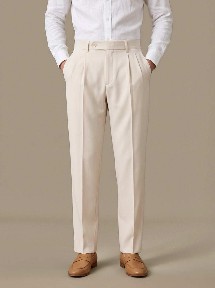 Oakes pleated trousers in Cream, studio, Gentlemens Manor