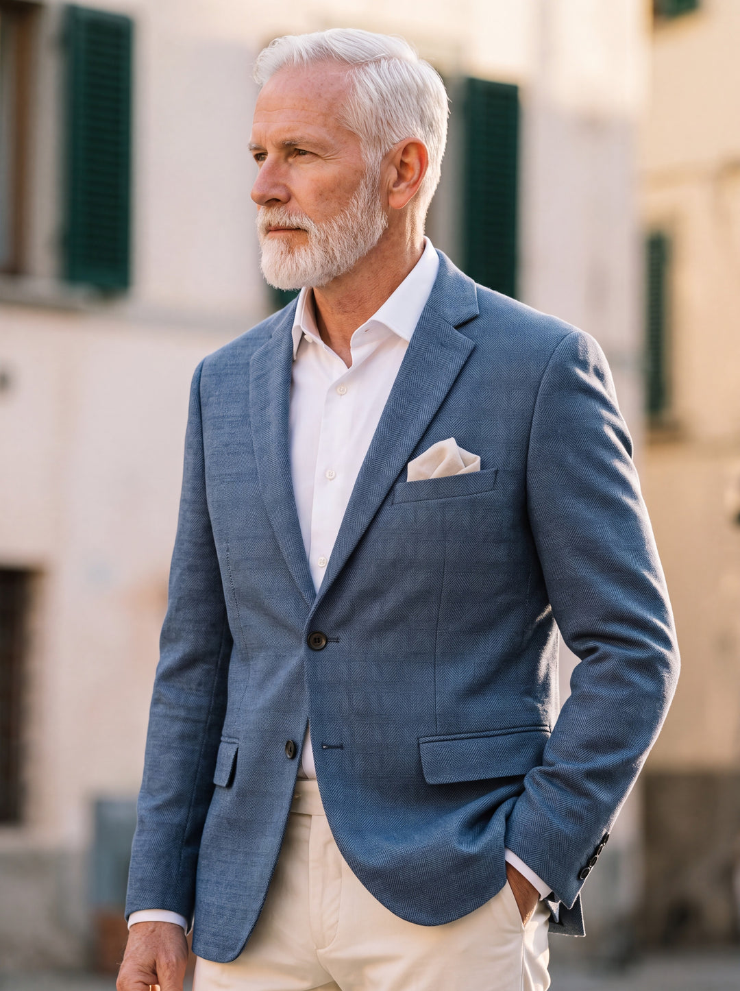 Oakley blazer in Blue, worn by a model in a Mediterranean setting - Gentlemens Manor lifestyle