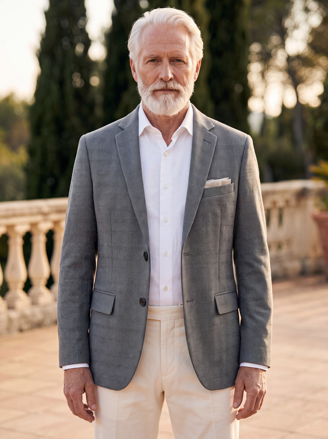 Oakley blazer in Grey, worn by a model in a Mediterranean setting - Gentlemens Manor lifestyle