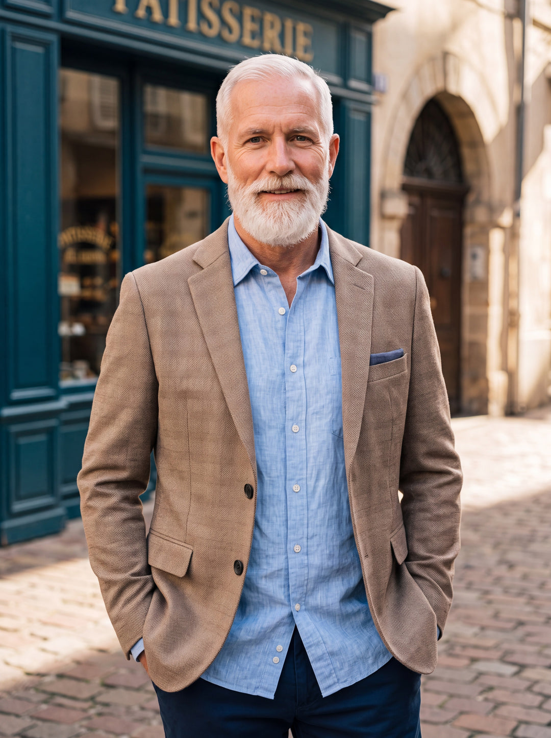 Oakley blazer in Sand, worn by a model in a Mediterranean setting - Gentlemens Manor lifestyle