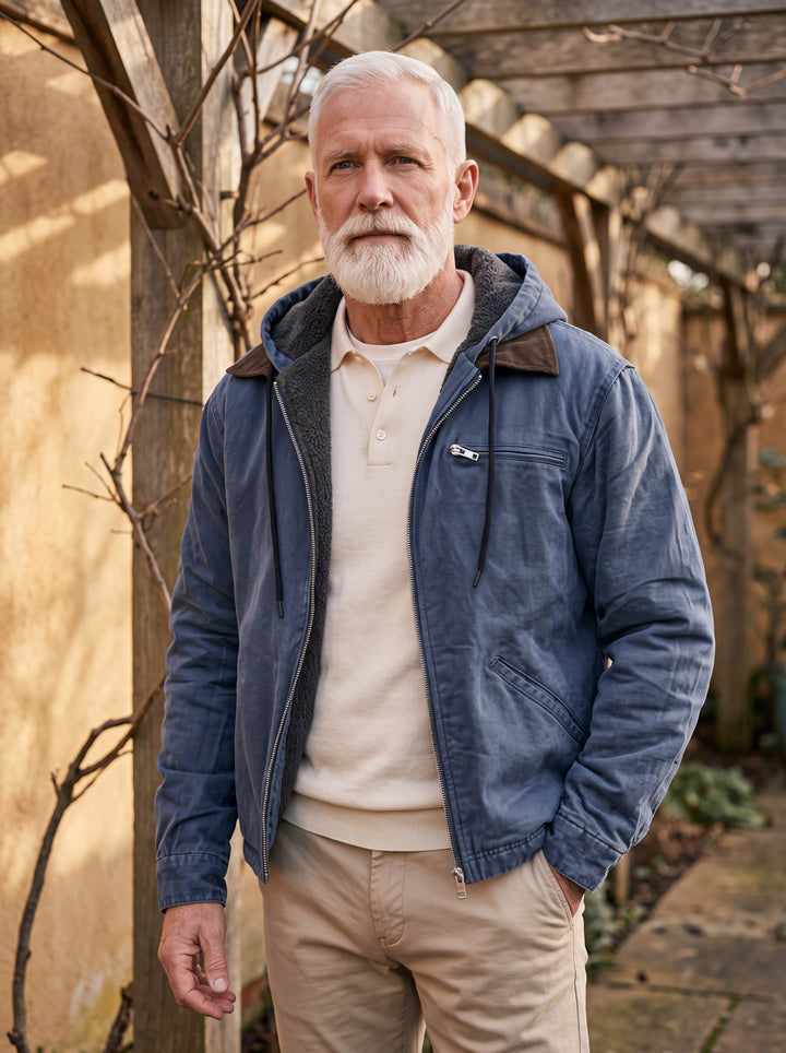 Octavius jacket in Blue, worn by a model in a Mediterranean setting - Gentlemens Manor lifestyle
