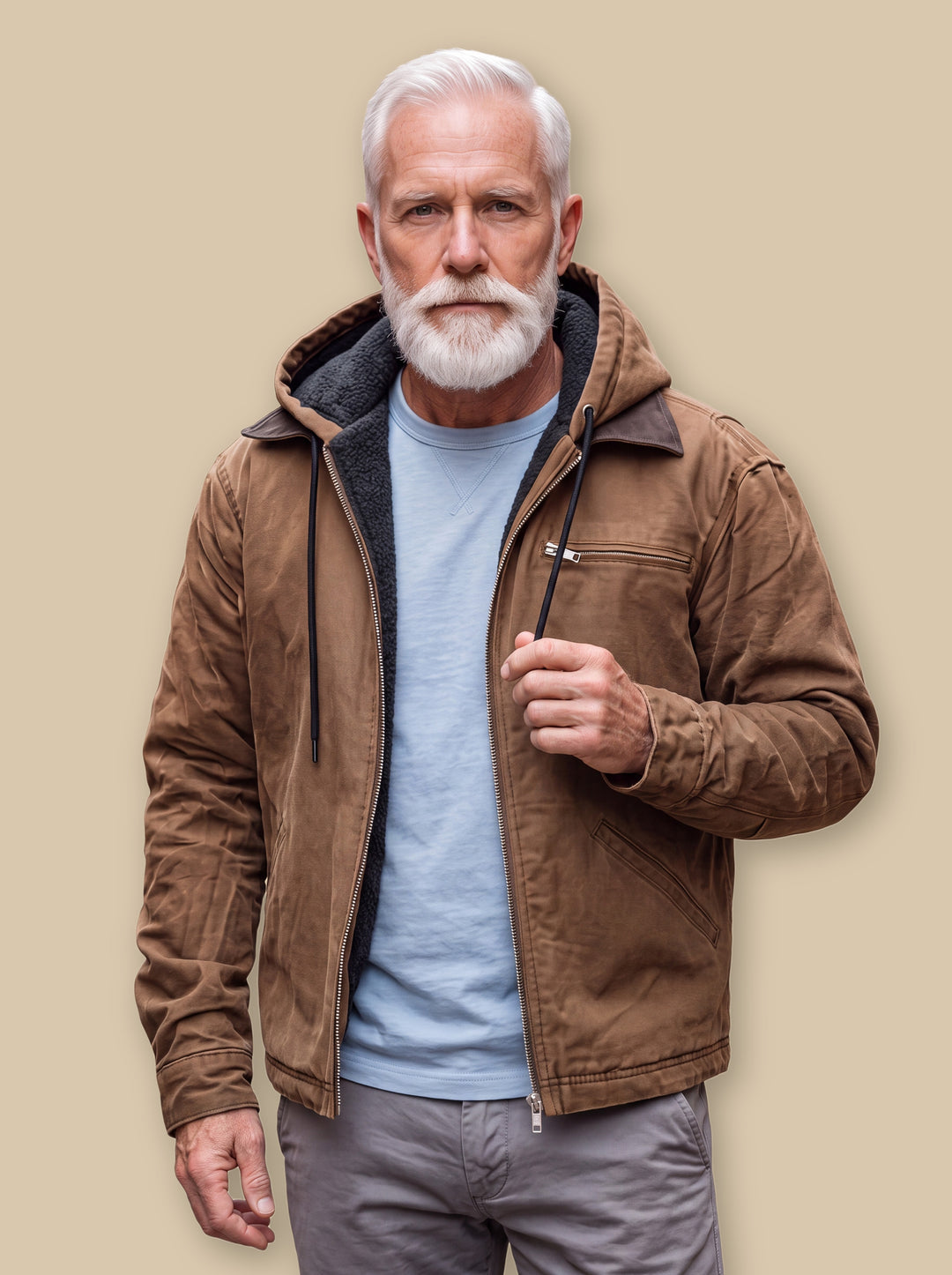 Octavius jacket in Brown, worn by a model on a warm sand studio background - Gentlemens Manor