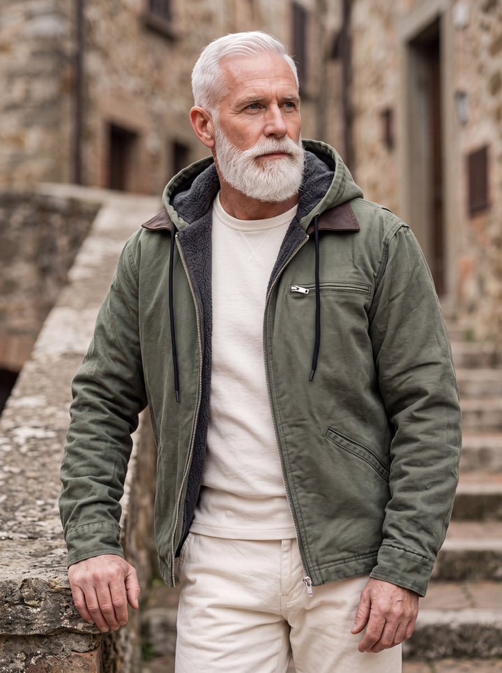 Octavius jacket in Green, worn by a model in a Mediterranean setting - Gentlemens Manor lifestyle