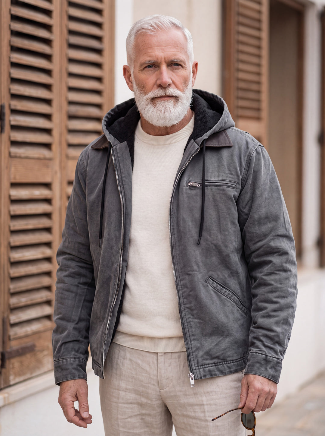 Octavius jacket in Grey, worn by a model in a Mediterranean setting - Gentlemens Manor lifestyle
