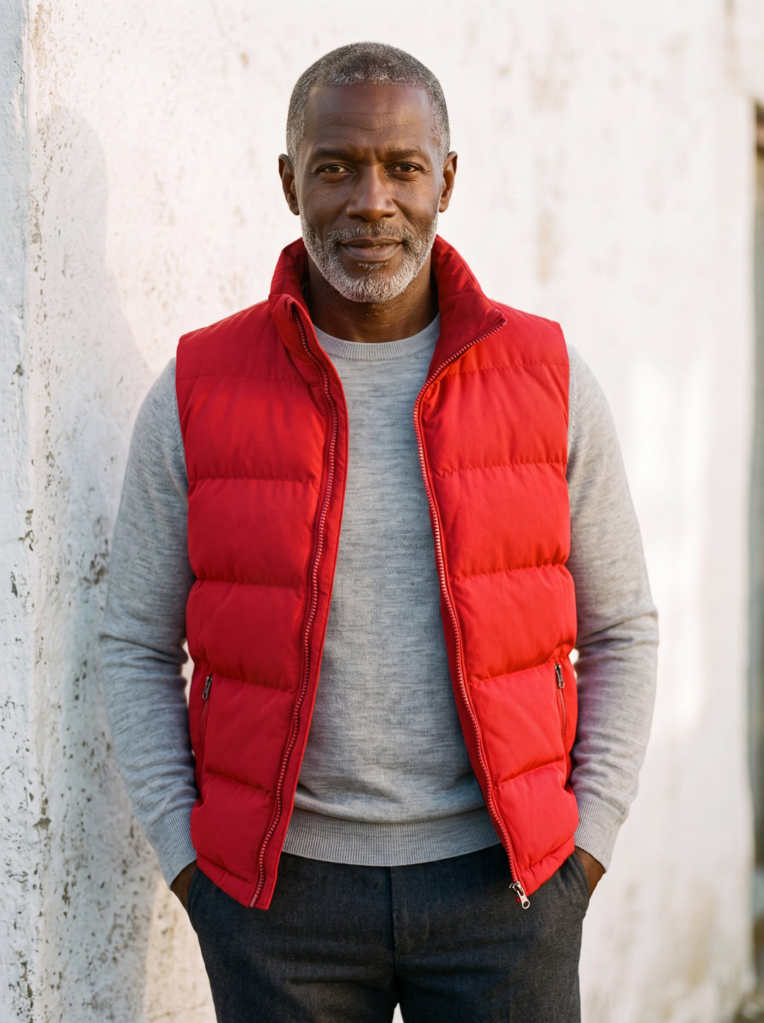 Odell vest in Red, worn by a model in a Mediterranean setting - Gentlemens Manor lifestyle