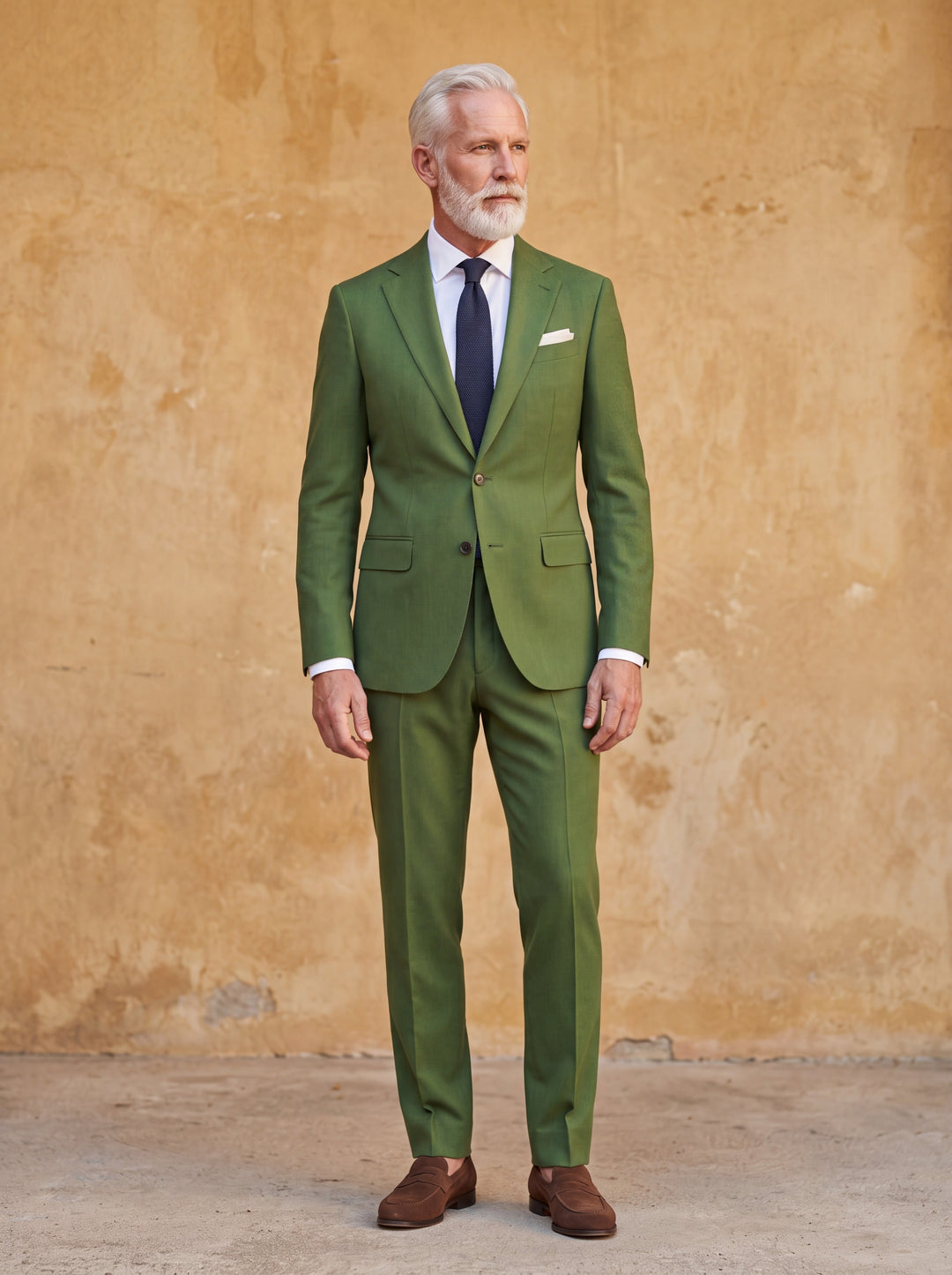 Ogden Men two-piece suit in green, worn by a model in a Mediterranean setting - Gentlemens Manor lifestyle