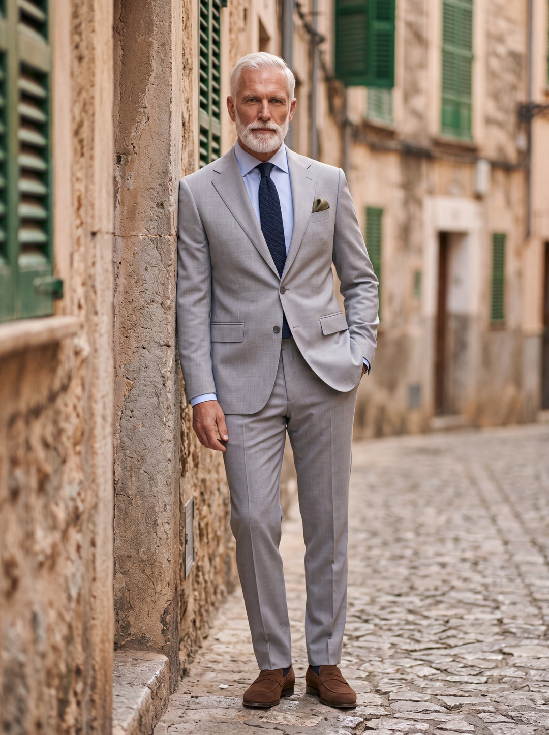 Ogden Men two-piece suit in light grey, worn by a model in a Mediterranean setting - Gentlemens Manor lifestyle