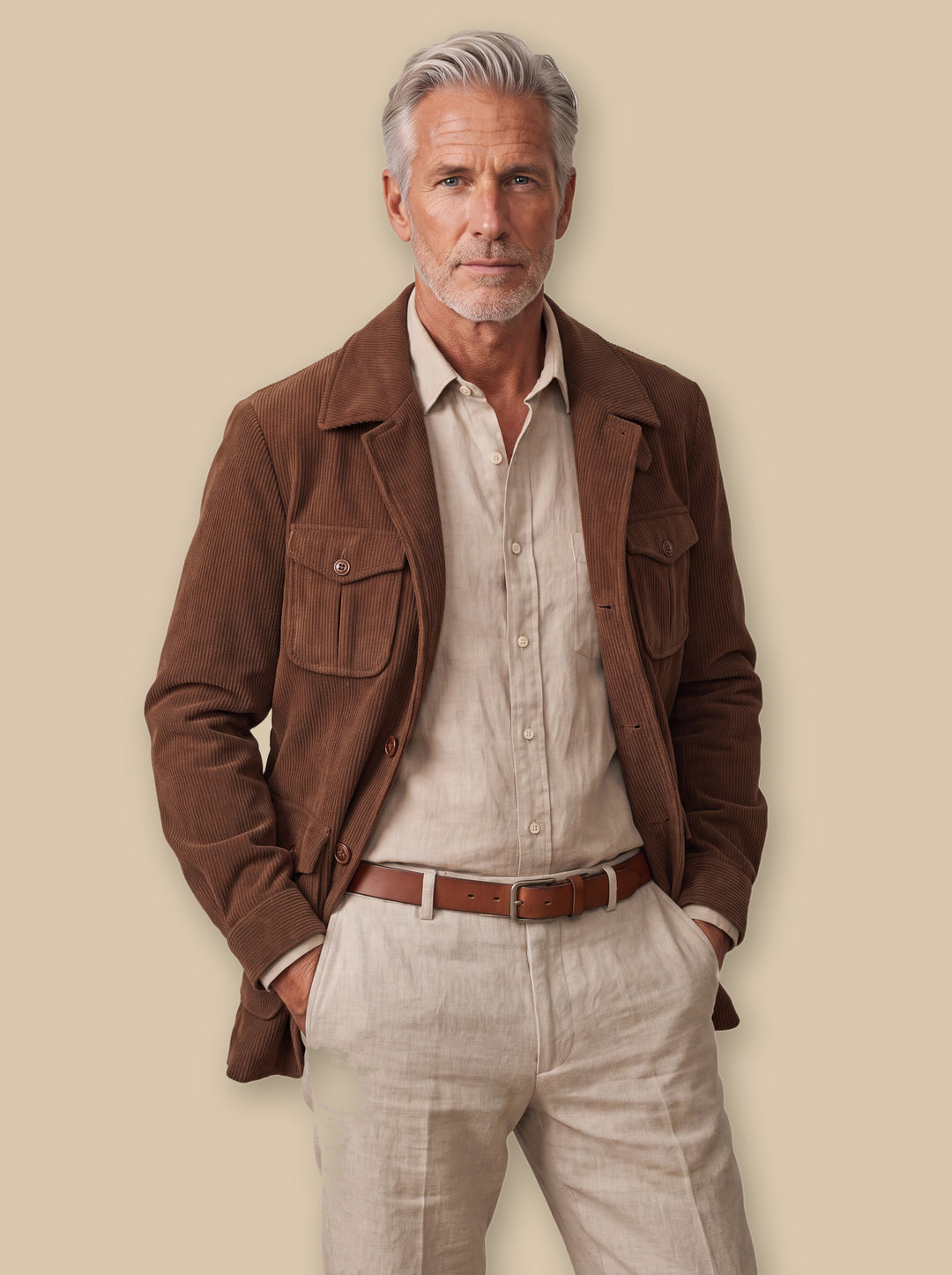 Ogden linen overshirt in Brown, worn by a model on a warm sand studio background - Gentlemens Manor