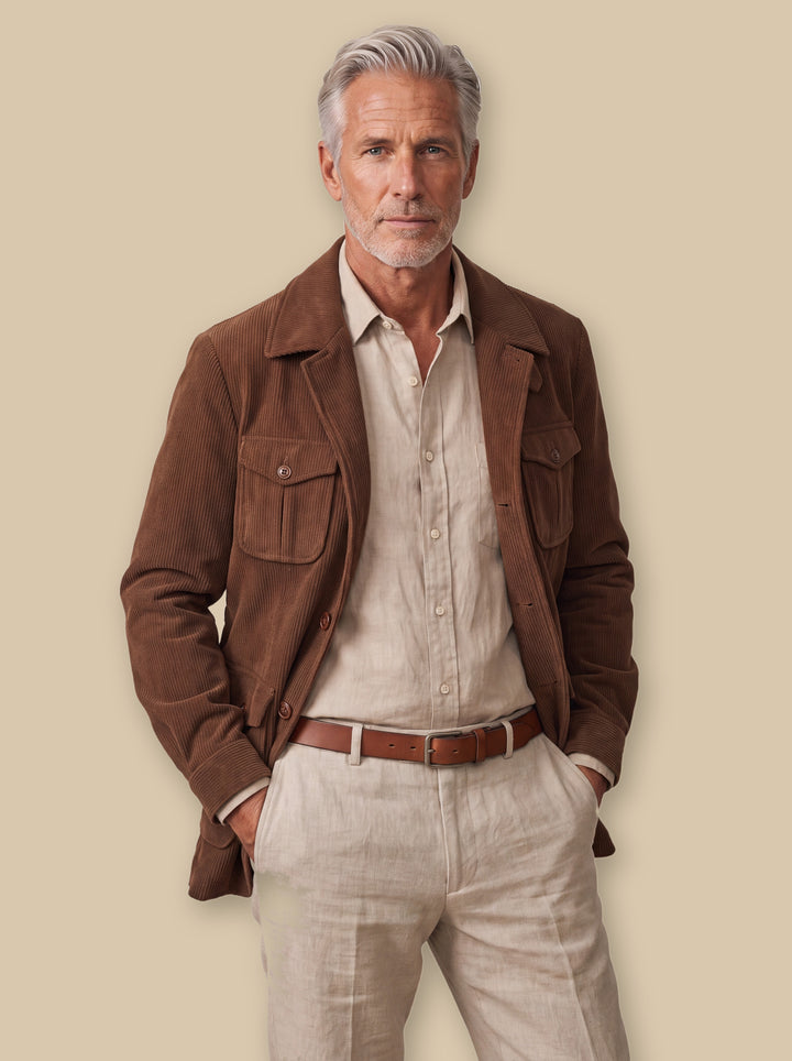 Ogden linen overshirt in Brown, worn by a model on a warm sand studio background - Gentlemens Manor