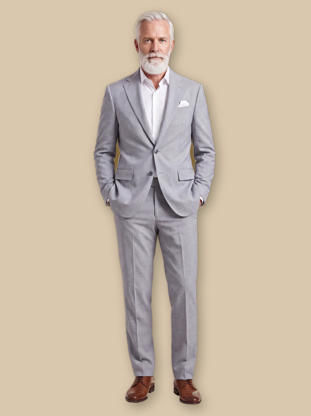 Ogden two piece set in Light Grey, worn by a model on a warm sand studio background - Gentlemens Manor
