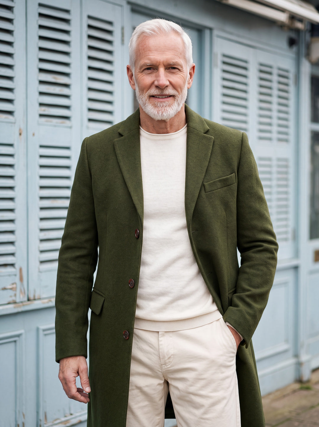 Oliver coat in Green, worn by a model in a Mediterranean setting - Gentlemens Manor lifestyle