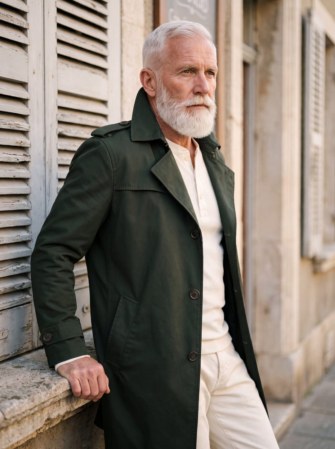 Oran coat in Green, worn by a model in a Mediterranean setting - Gentlemens Manor lifestyle