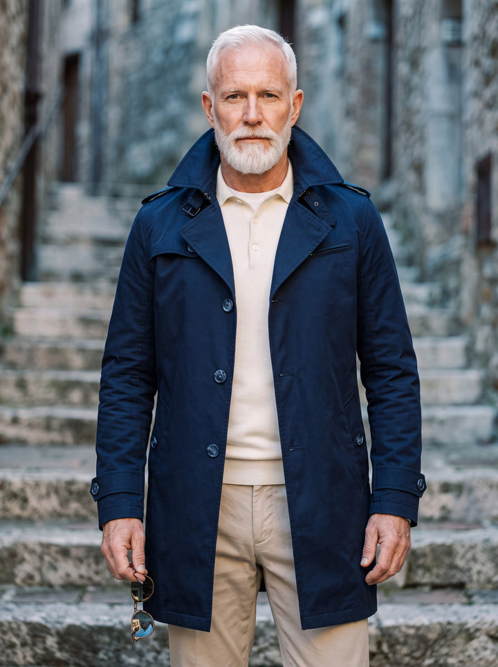 Oran coat in Navy, worn by a model in a Mediterranean setting - Gentlemens Manor lifestyle