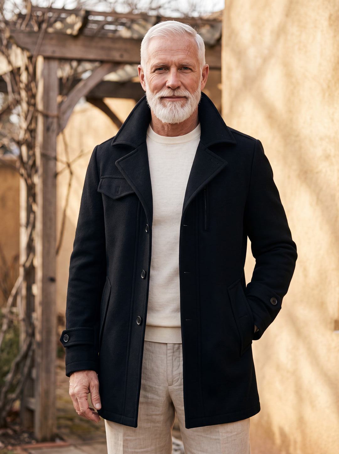 Orin coat in Black, worn by a model in a Mediterranean setting - Gentlemens Manor lifestyle