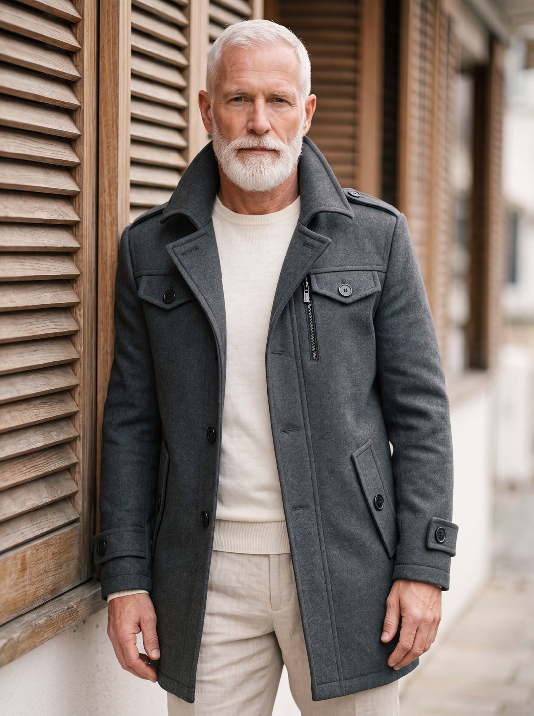 Orin coat in Grey, worn by a model in a Mediterranean setting - Gentlemens Manor lifestyle