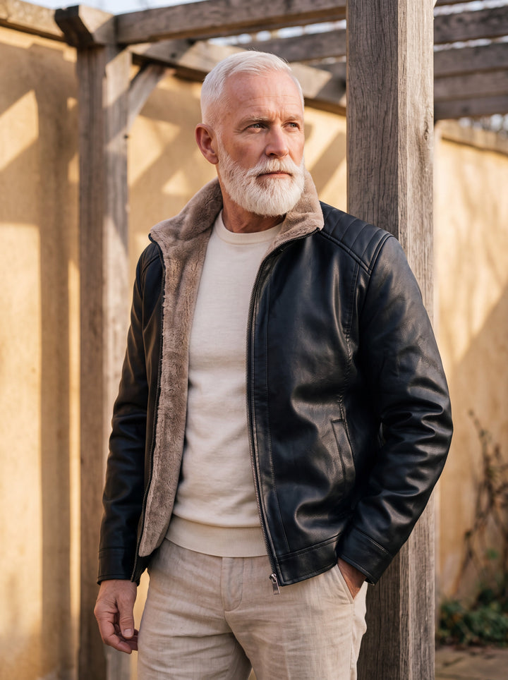 Orlando jacket in Black, worn by a model in a Mediterranean setting - Gentlemens Manor lifestyle
