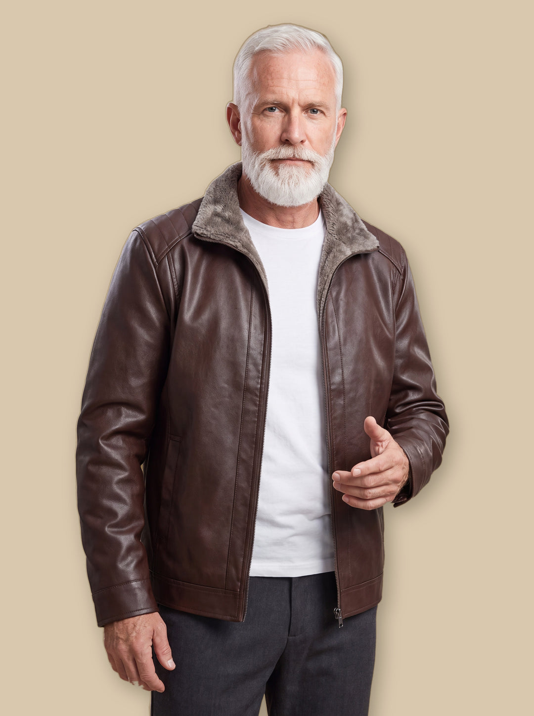 Orlando jacket in Brown, worn by a model on a warm sand studio background - Gentlemens Manor