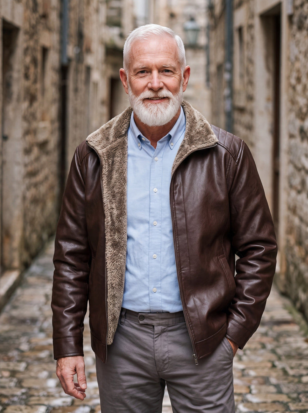 Orlando jacket in Brown, worn by a model in a Mediterranean setting - Gentlemens Manor lifestyle