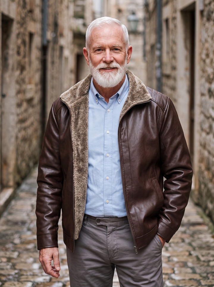 Orlando jacket in Brown, worn by a model in a Mediterranean setting - Gentlemens Manor lifestyle