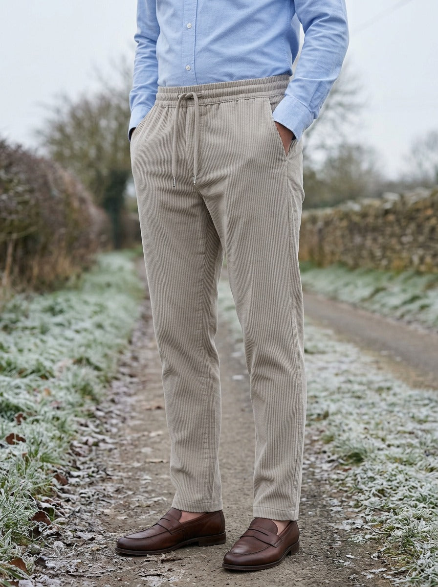 Ormsby corduroy drawstring tapered pants in Beige, lifestyle on a country lane, Gentlemens Manor