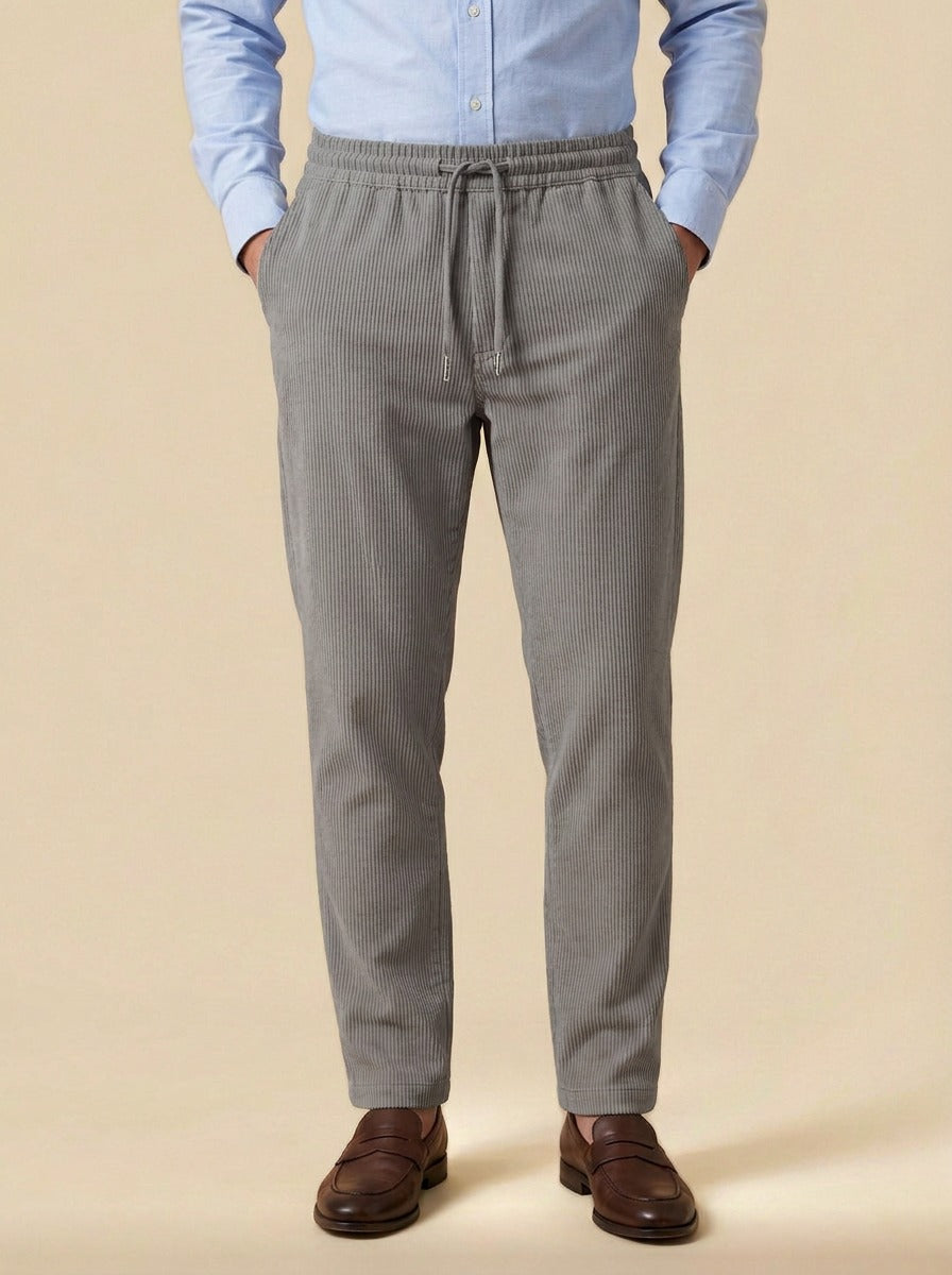 Ormsby corduroy drawstring tapered pants in Grey, studio, Gentlemens Manor