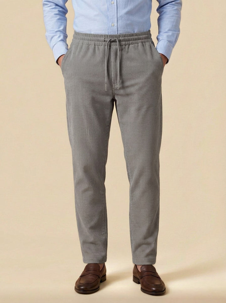 Ormsby corduroy drawstring tapered pants in Grey, studio, Gentlemens Manor