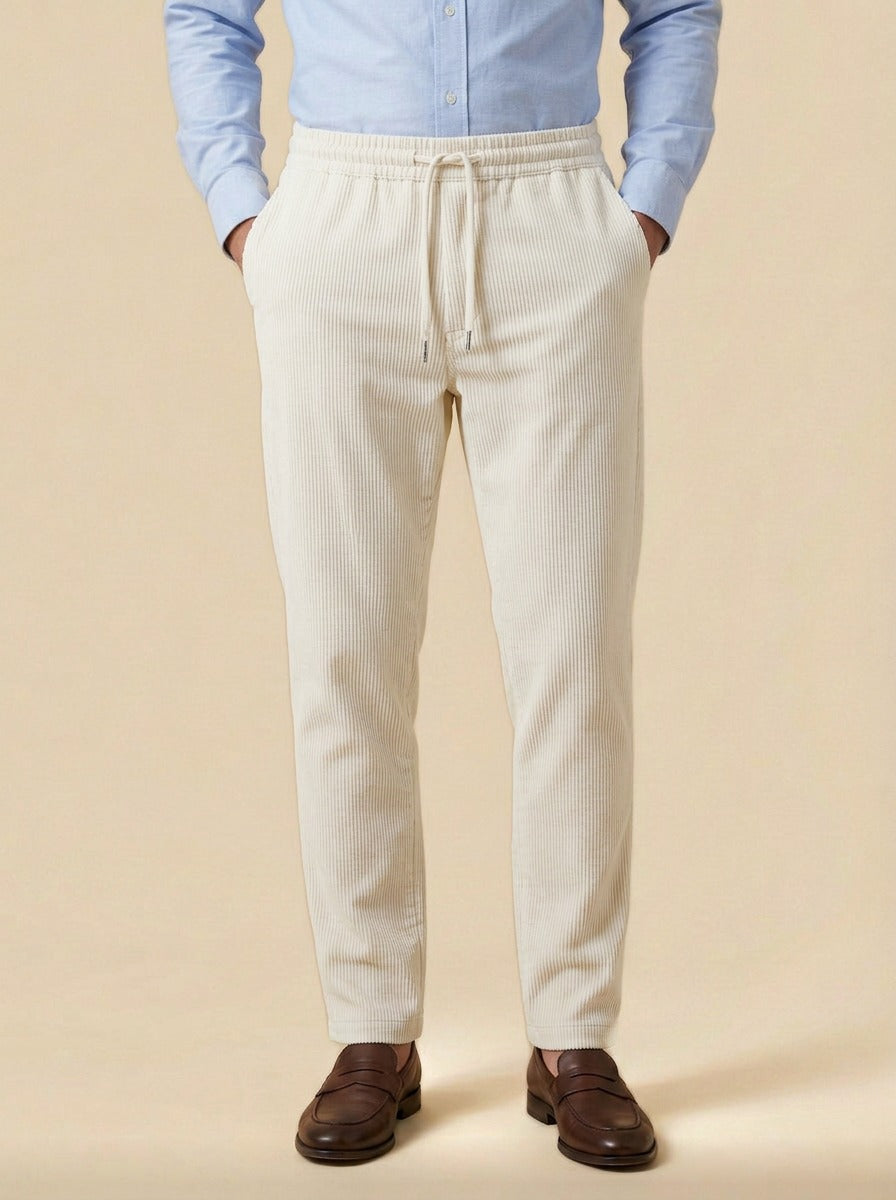 Ormsby corduroy drawstring tapered pants in White, studio, Gentlemens Manor
