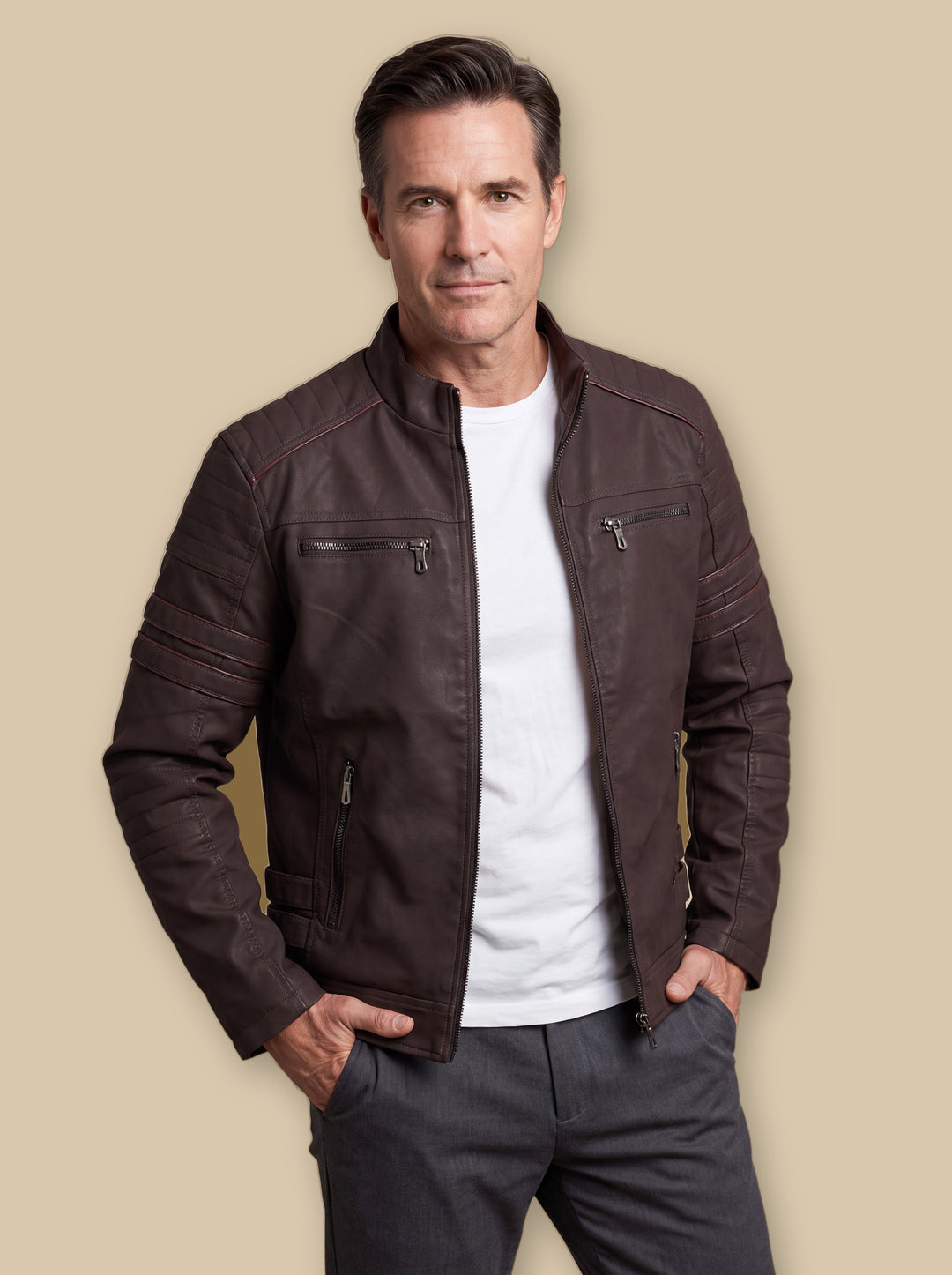 Orson jacket in Dark Brown, worn by a model on a warm sand studio background - Gentlemens Manor